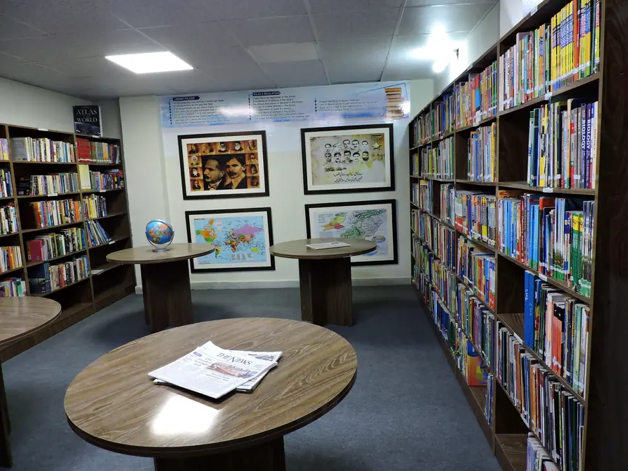 The school library, with bookshelves and reading tables